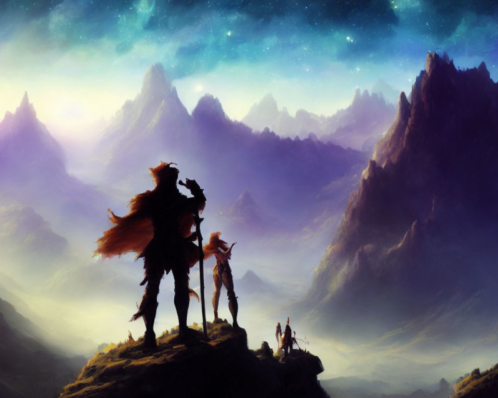 Silhouetted adventurers on mountain under starry sky