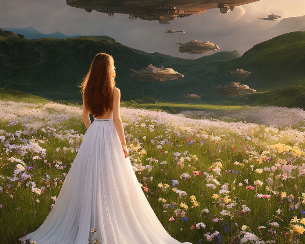 Woman in white dress in colorful meadow with flying ships above green hills
