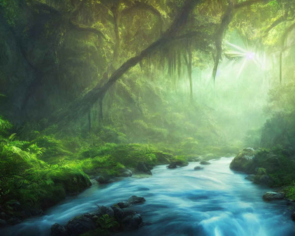 Misty sunlight in lush green forest with river