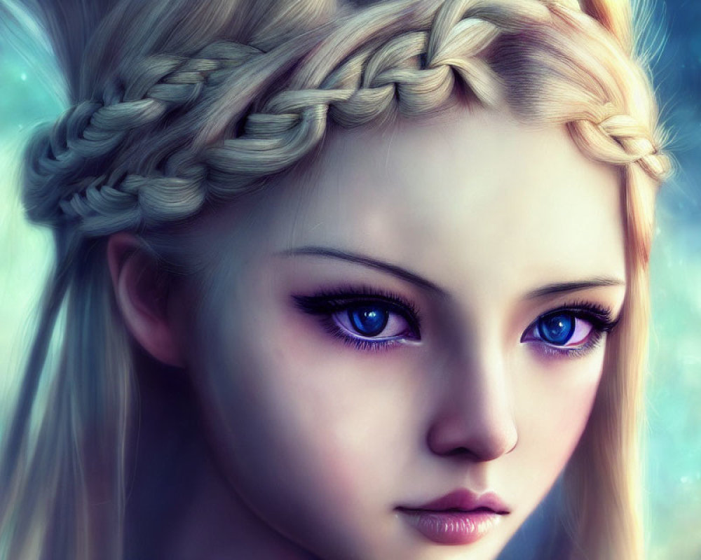 Female character digital art: intricate braided hair, violet eyes, starry blue background
