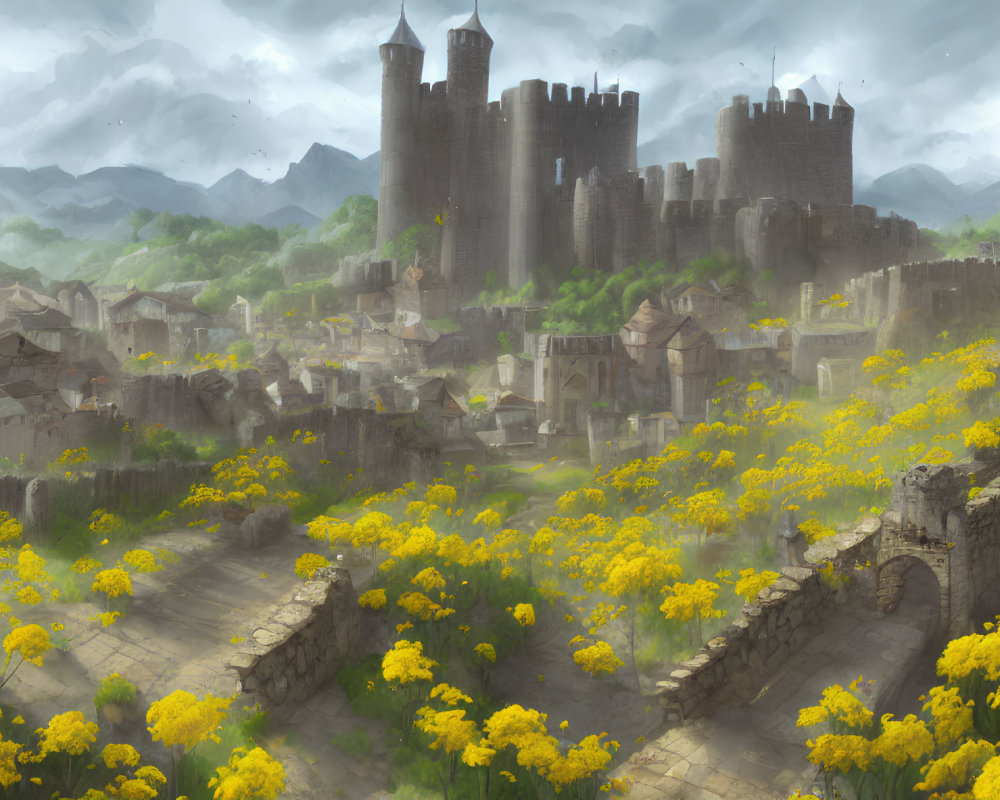 Medieval stone castle above village with rustic houses and yellow flowers, mountains in mist