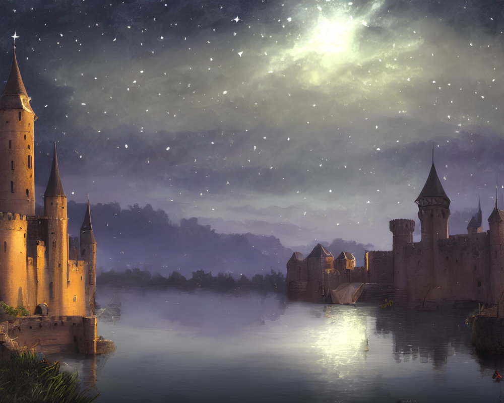 Majestic medieval castle at night by calm river