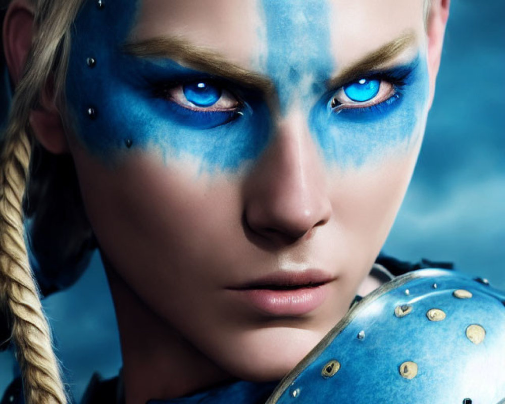 Portrait of Person with Striking Blue Eyes and Blue Face Paint in Blue Armor