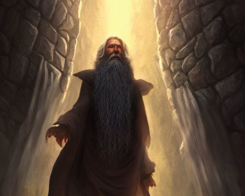 Bearded old wizard in stone archway with light streaming in