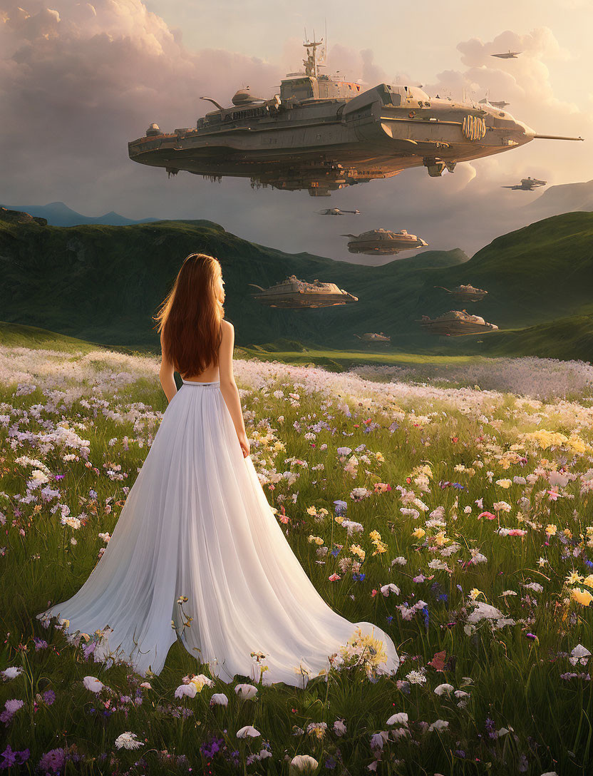 Woman in white dress in colorful meadow with flying ships above green hills