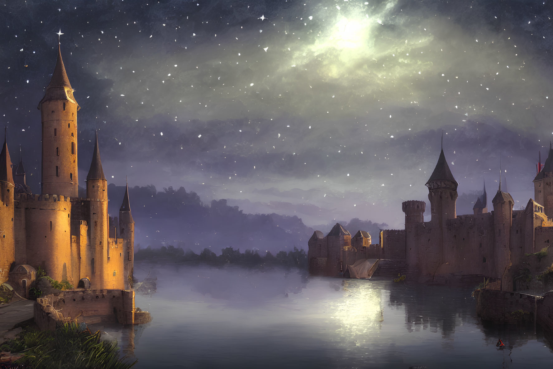 Majestic medieval castle at night by calm river