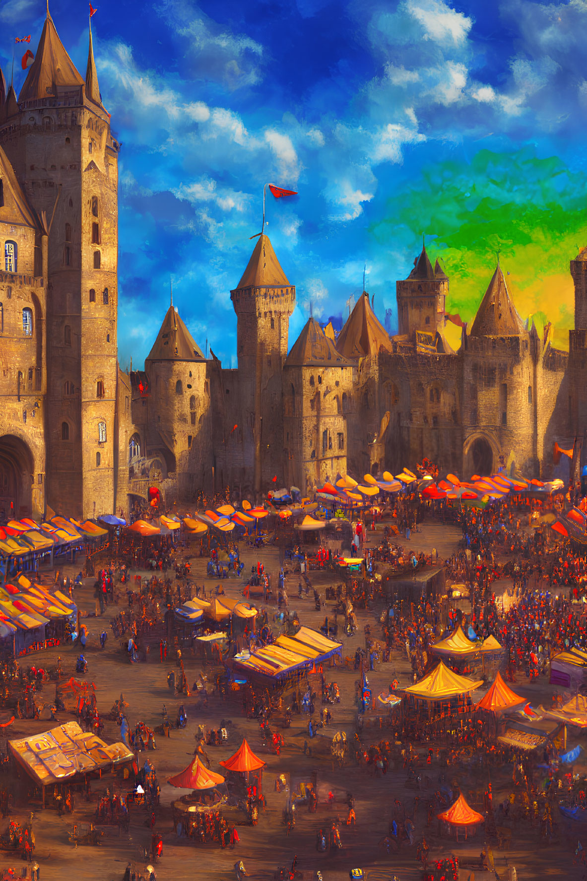 Medieval marketplace and grand castle with vibrant tents and crowds under dramatic sky