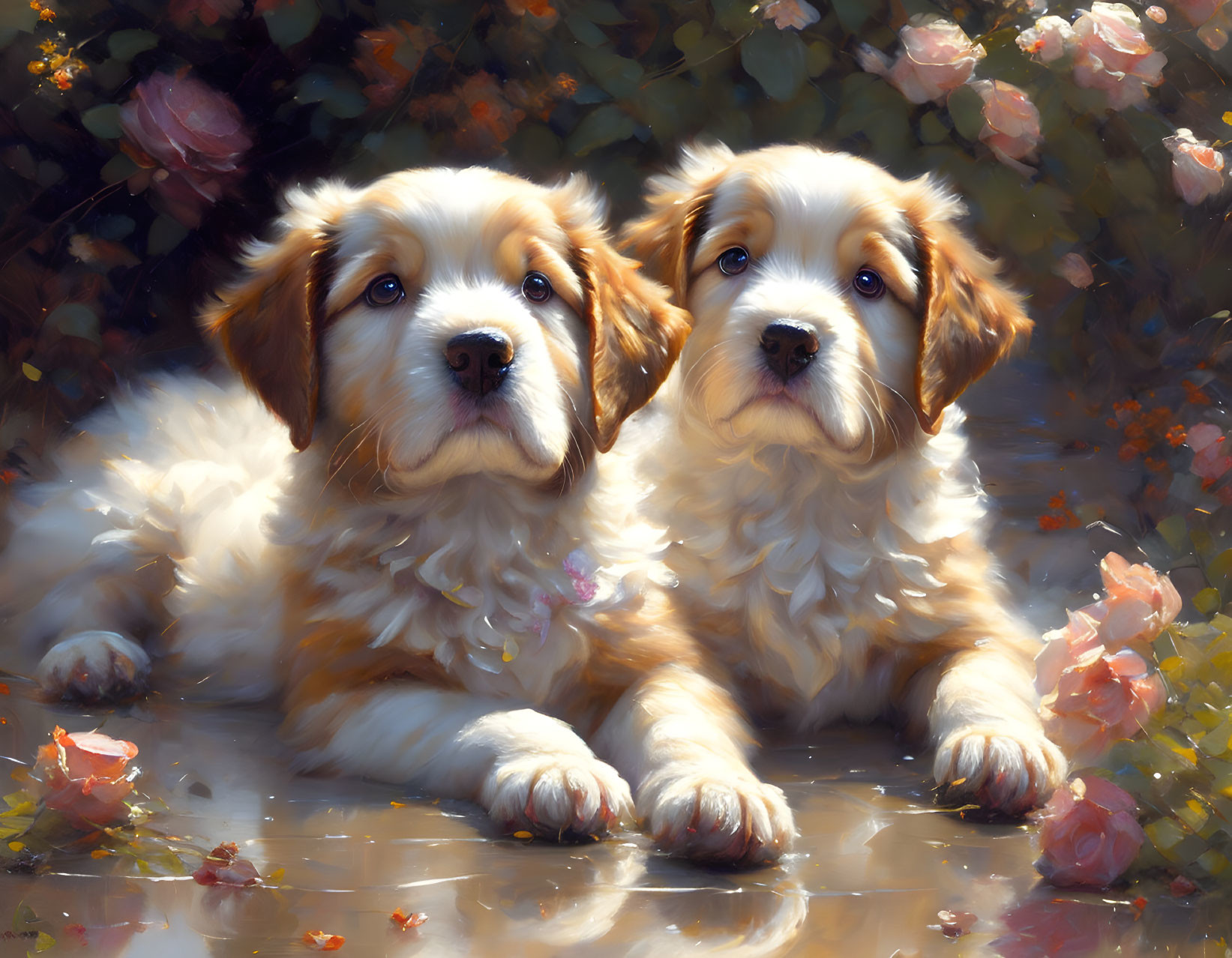 Fluffy white and brown puppies in pink flower field