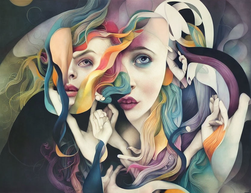 Surreal artwork: Two female faces with colorful ribbons in dreamlike setting