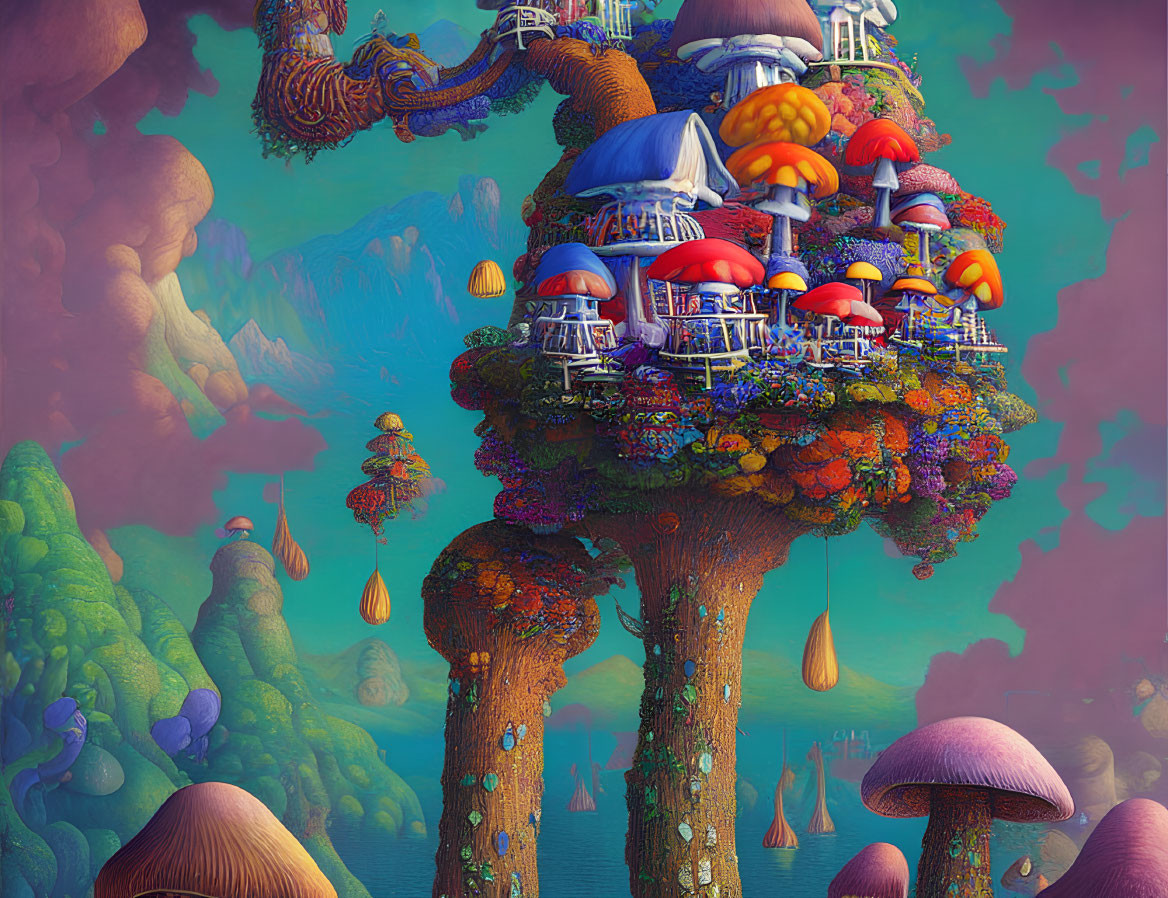 Colorful fantasy landscape with towering mushroom structures