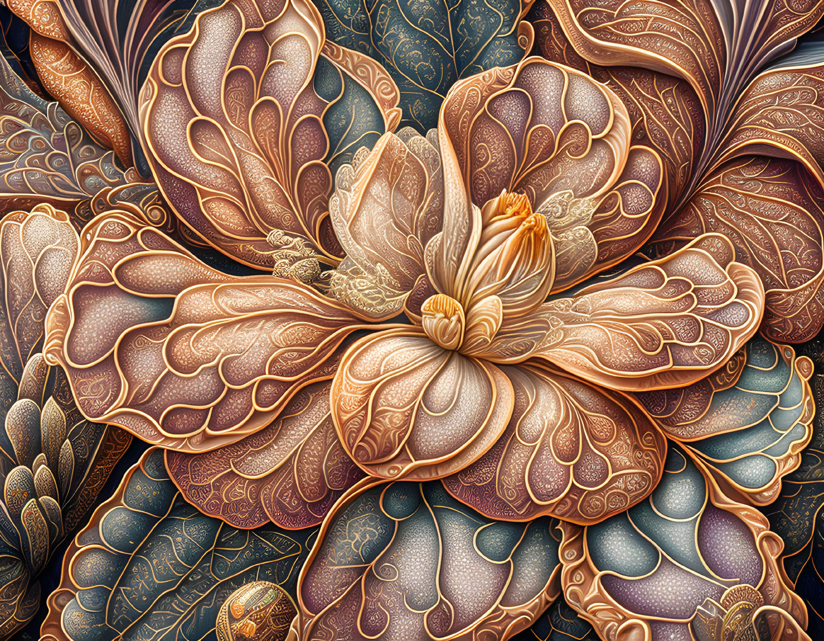 Detailed Illustration of Ornate Flowers in Orange, Gold, and Blue