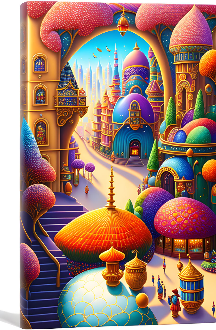Colorful domed buildings in whimsical cityscape illustration