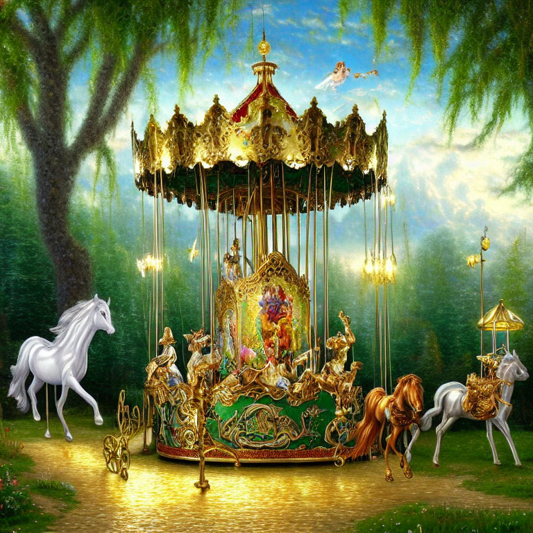 Colorful carousel with golden ornamentation and mythical horses in forest clearing