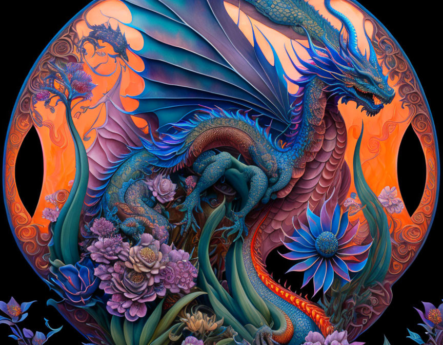 Colorful Blue Dragon Artwork with Orange Details and Floral Motifs on Dark Background