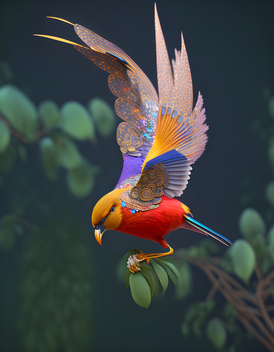Colorful digital artwork: fantastical bird with orange and blue plumage among green leaves