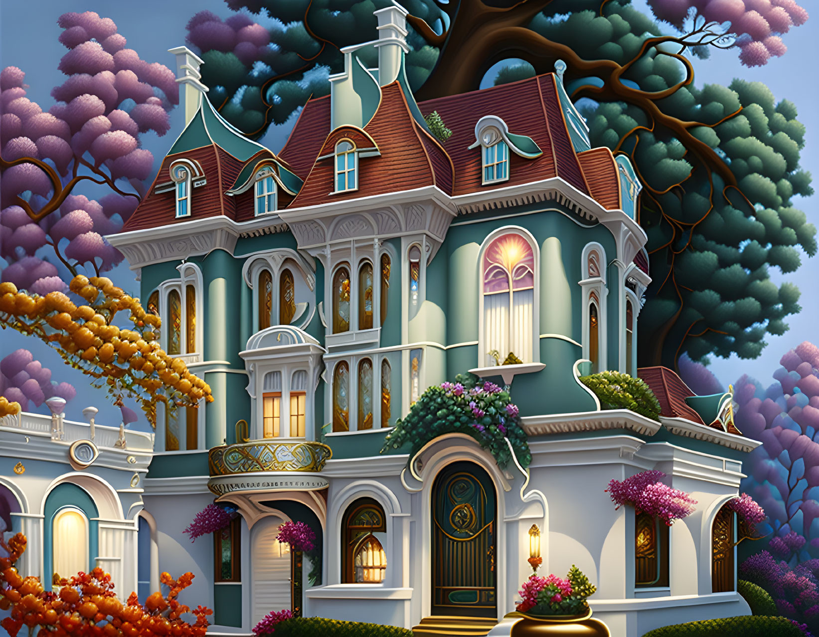 Victorian-style house illustration with whimsical trees and ornate details