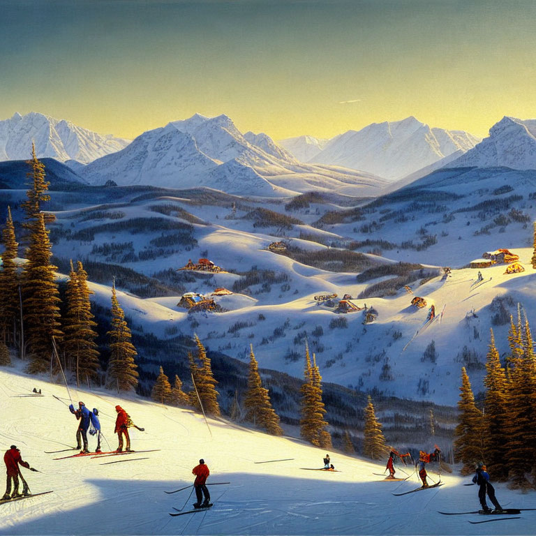 Skiers on Snow-Covered Slope with Pine Trees and Mountain Peaks