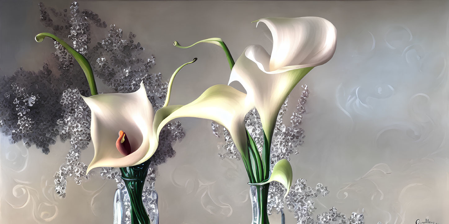 Three Calla Lilies in Vase on Textured Grey Background