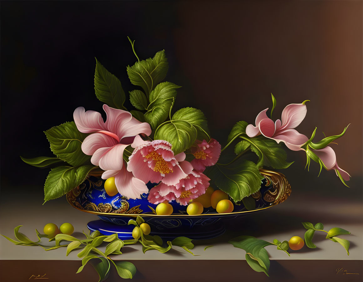 Decorated Bowl with Pink and White Flowers, Green Leaves, and Yellow Fruits on Dark Background