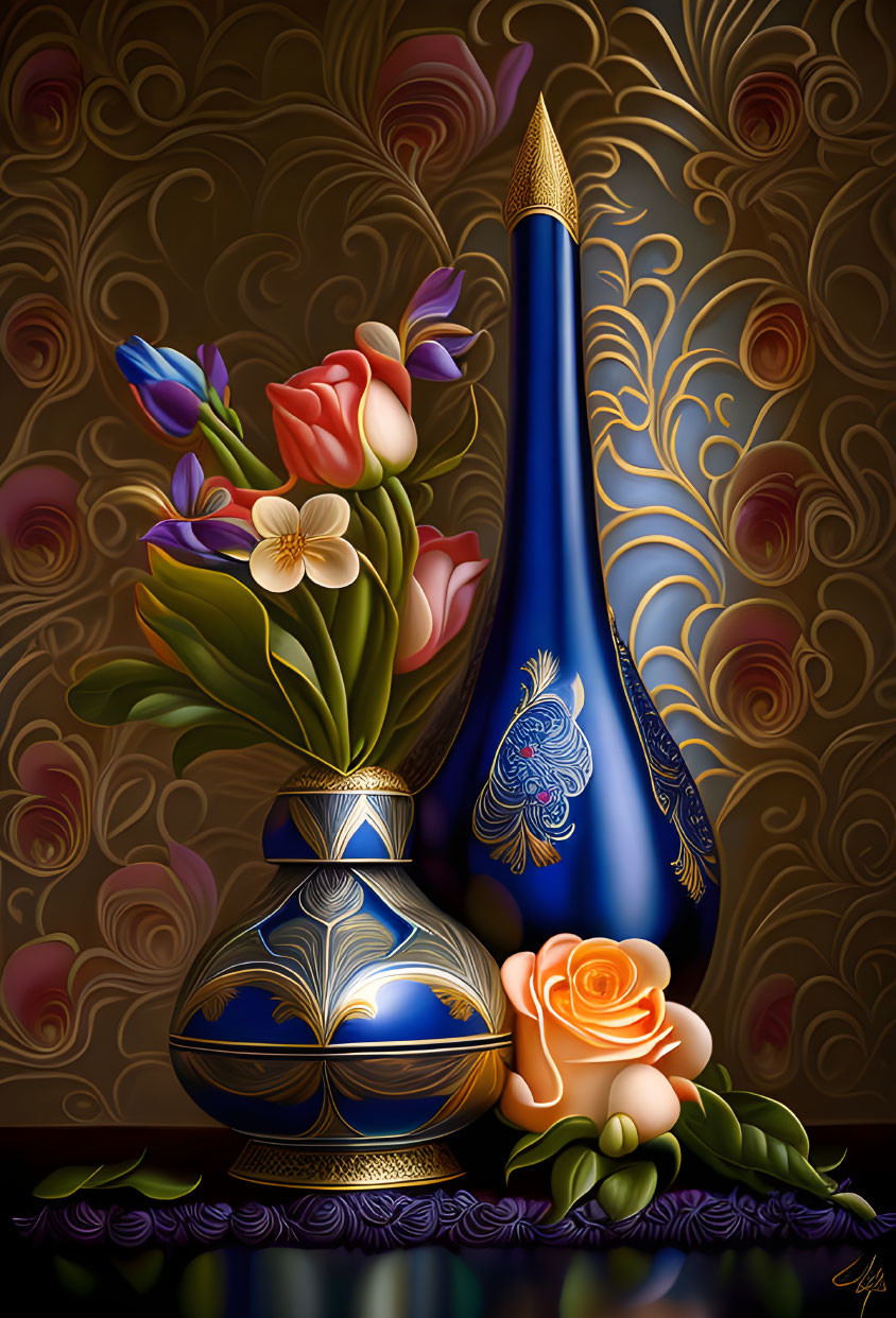 Ornate blue vase and flowers on gold background art piece