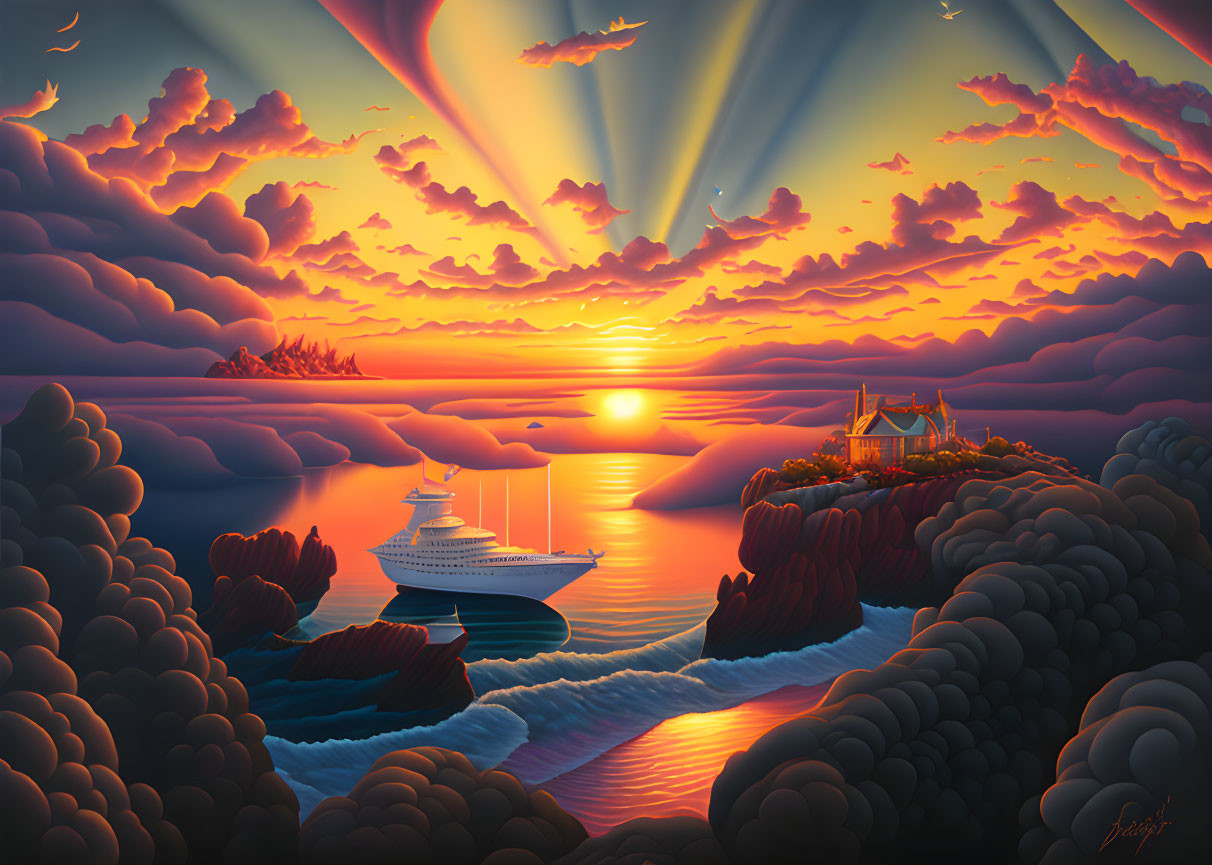 Digital Artwork: Sunset over calm sea with yacht sailing towards cliff house