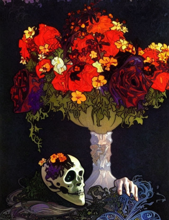 Colorful bouquet of flowers with skull and hand in classic vase on dark background