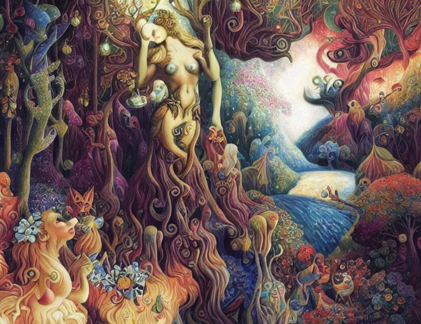 Colorful Psychedelic Forest with Nude Figures and Whimsical Creatures