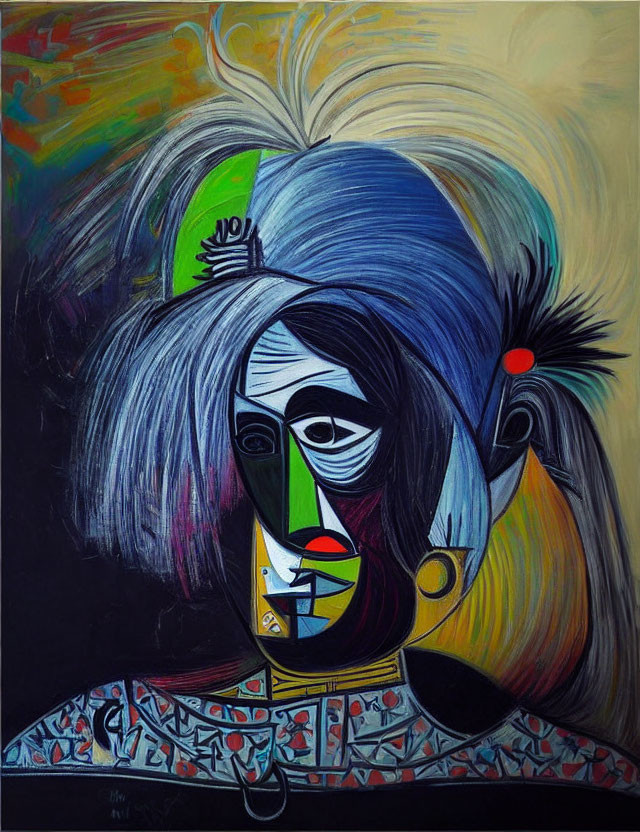 Vibrant cubist figure with abstract features and geometric shapes on dark background