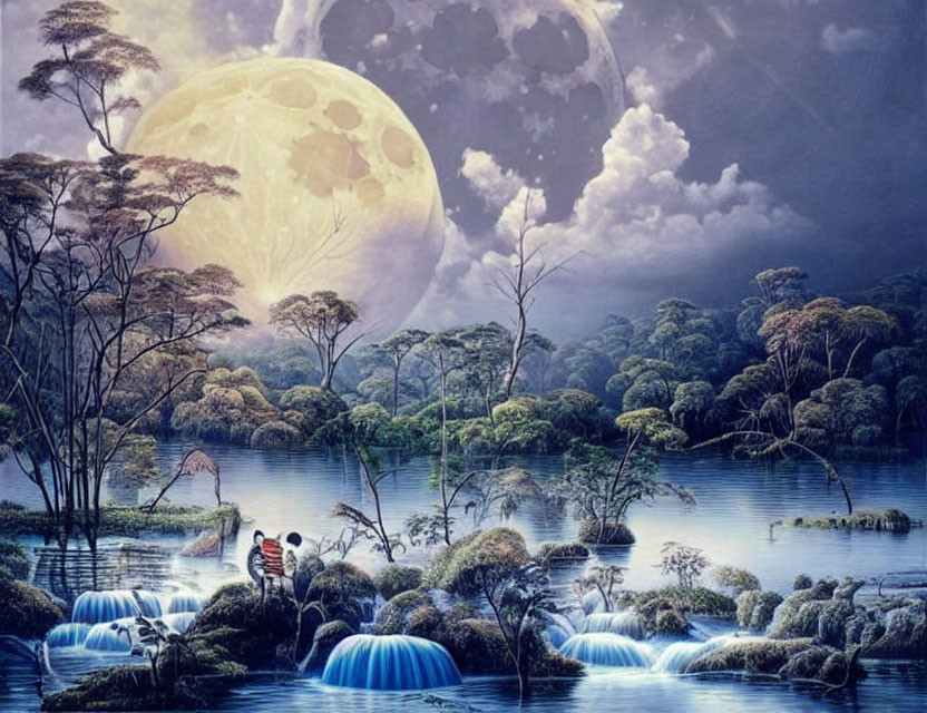 Fantastical Landscape with Blue Waterfalls, Canoe, and Moons