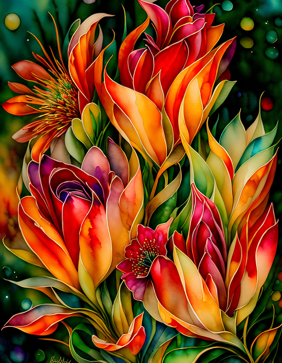 Colorful digital artwork featuring stylized fiery flowers on bokeh background
