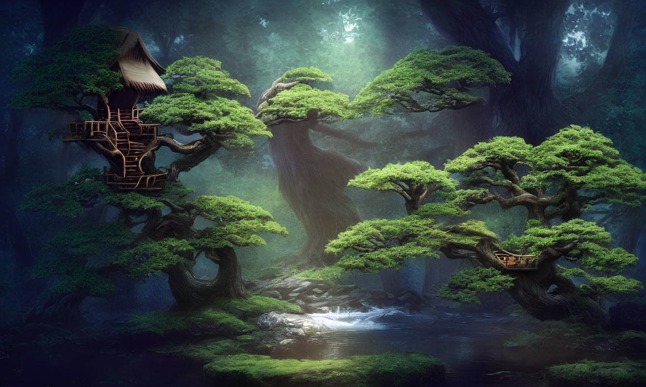 Mossy treehouses in serene enchanted forest stream