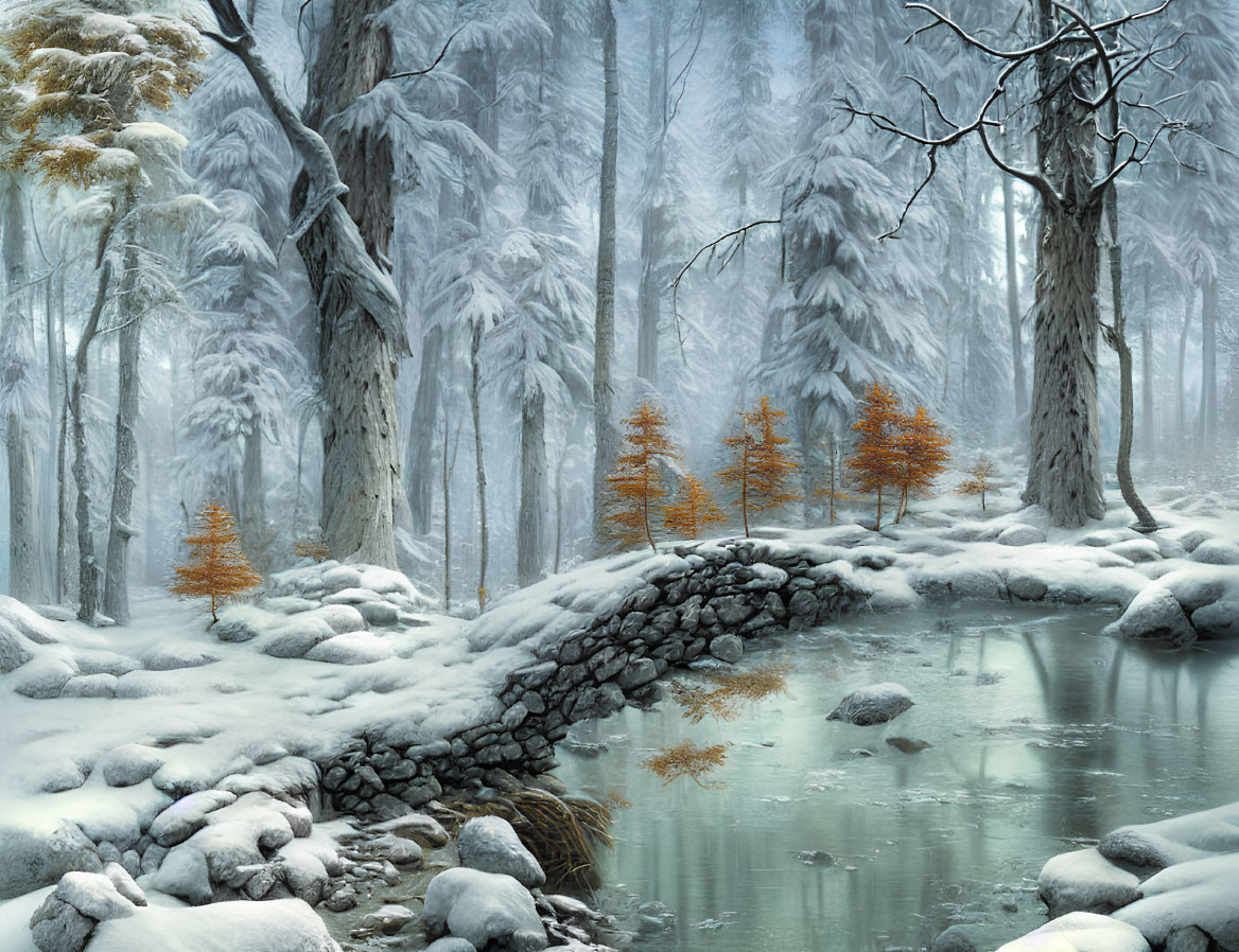 Snow-covered winter forest with stone bridge and orange saplings