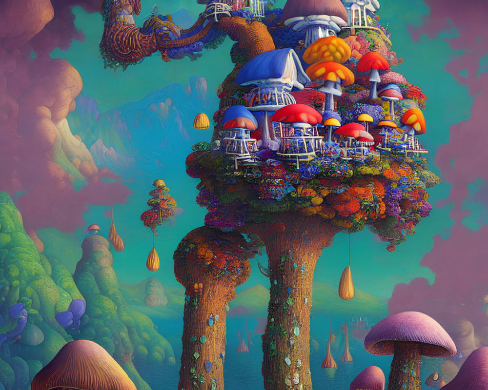 Colorful fantasy landscape with towering mushroom structures