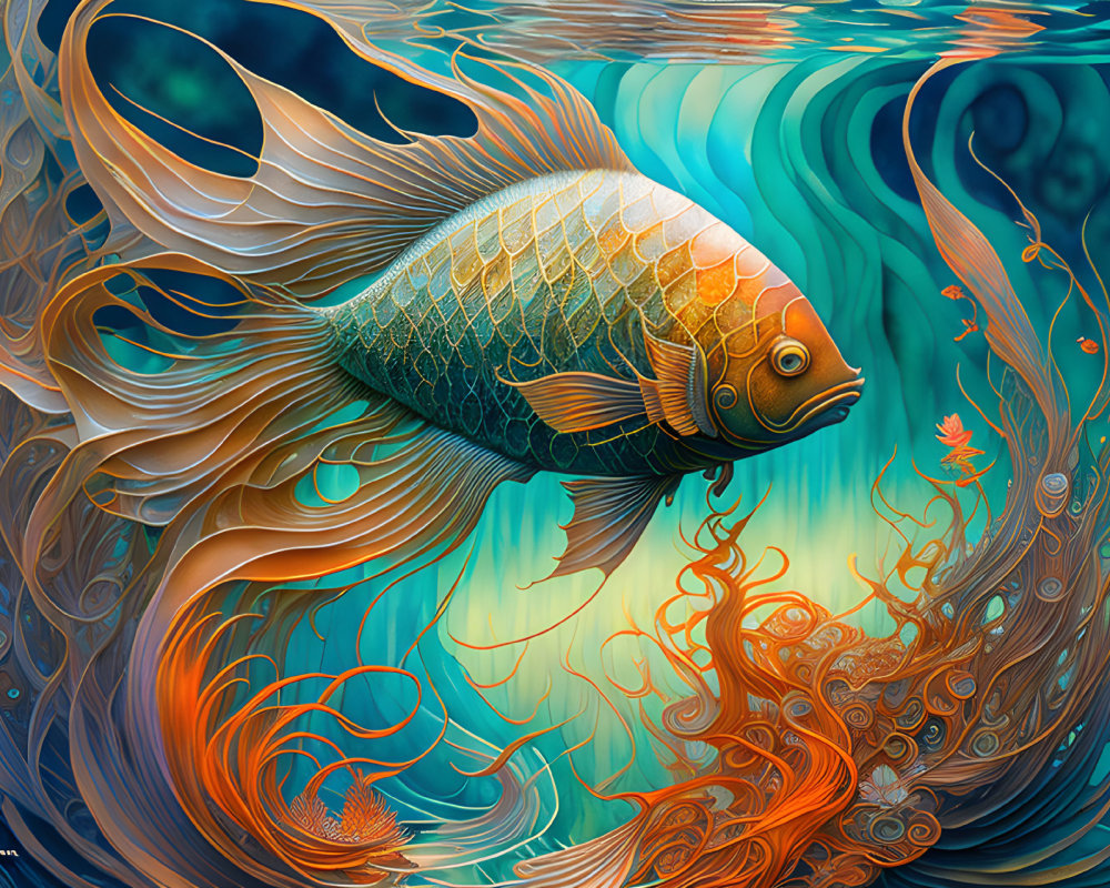 Colorful digital art: Goldfish with intricate fin patterns in teal water.