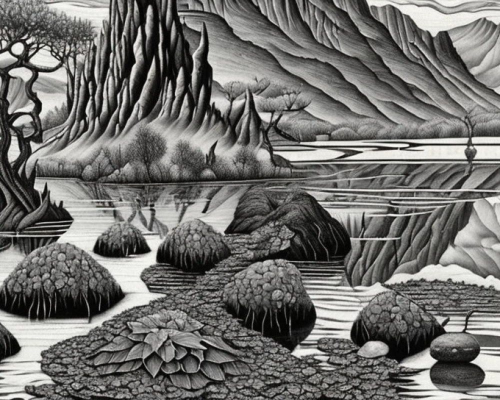 Detailed Monochromatic Landscape with Rock Formations, Bare Trees, and Layered Mountains