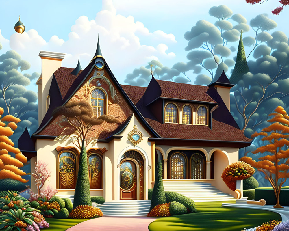Vibrant Fantasy House Illustration with Whimsical Architecture