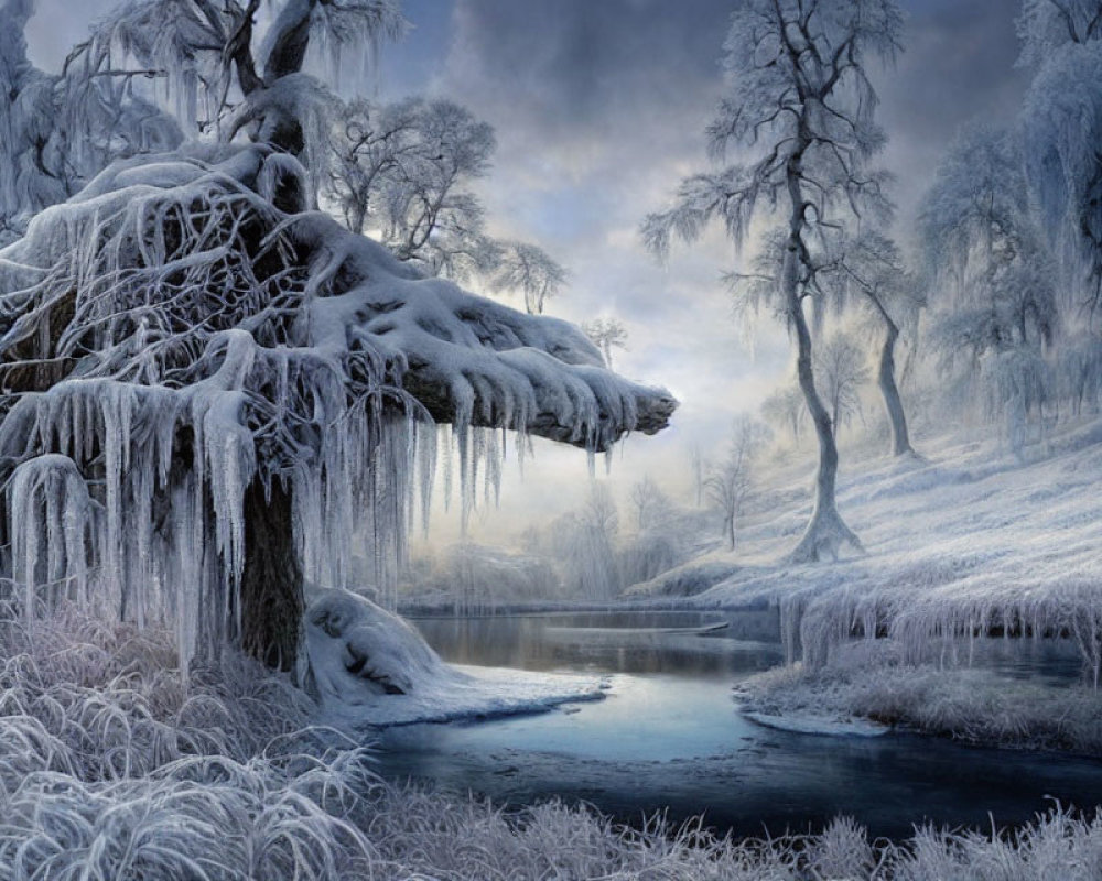 Snow-covered trees and icy pond in serene winter landscape