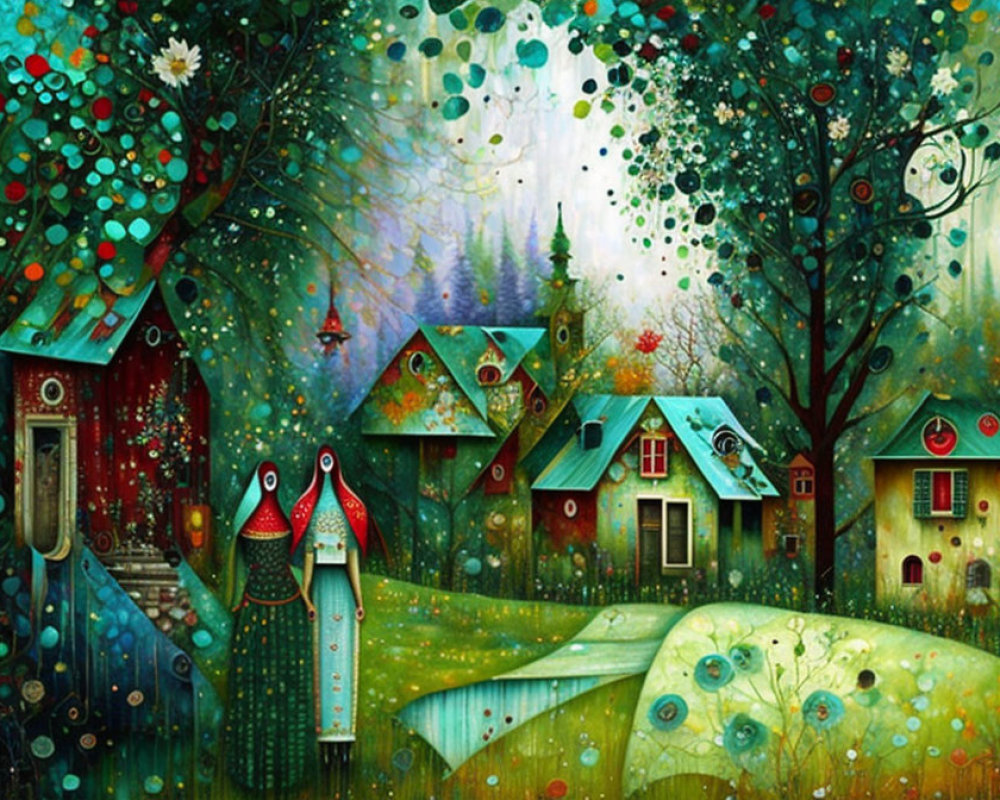 Colorful Village Painting in Lush Forest with Flowers