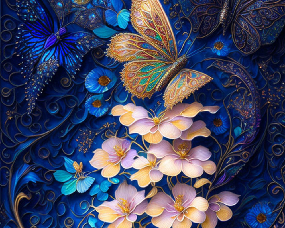 Colorful digital artwork: Ornate butterflies on blue and gold flowers in a dark backdrop