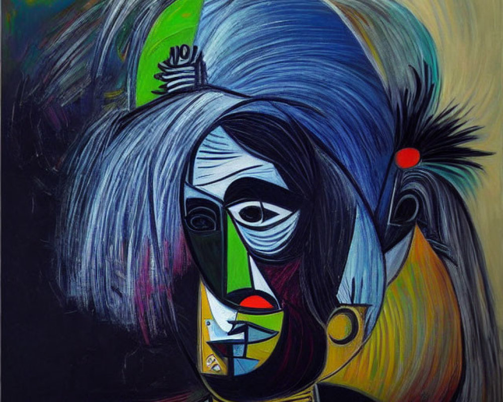 Vibrant cubist figure with abstract features and geometric shapes on dark background