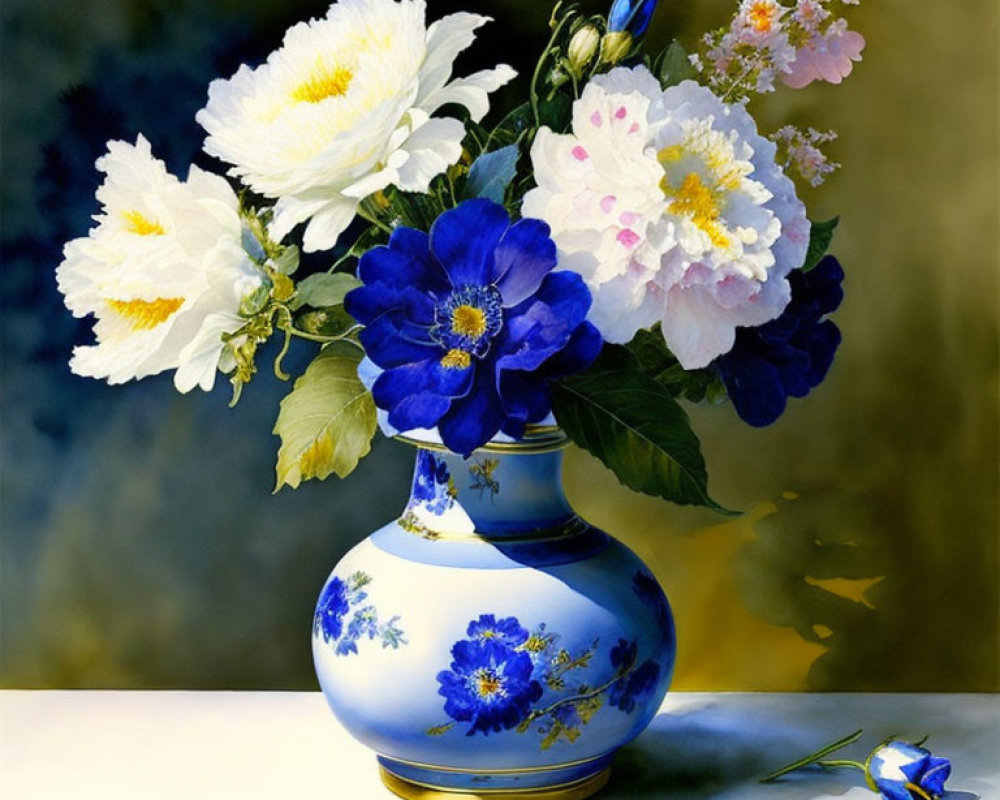 Colorful still life painting of white and blue flowers in porcelain vase
