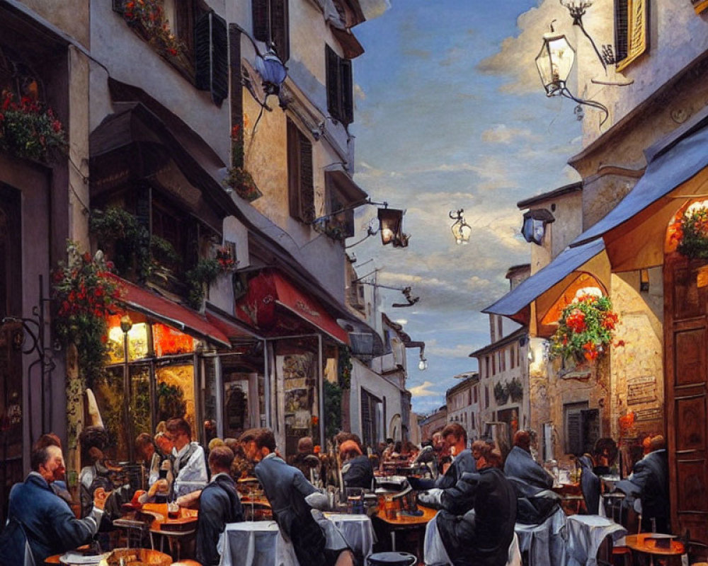 European Street Cafe Scene with Outdoor Dining and Hanging Lanterns
