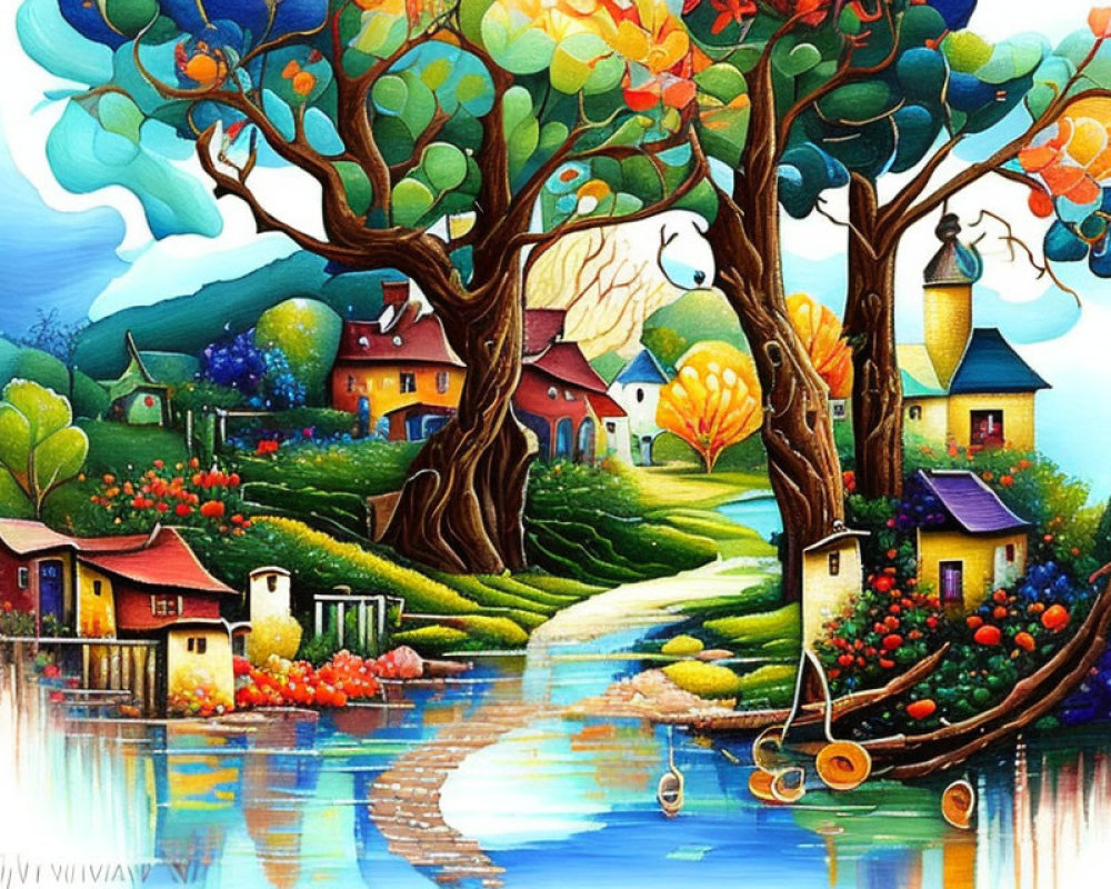 Colorful landscape painting with trees, houses, river, and bridge in whimsical style