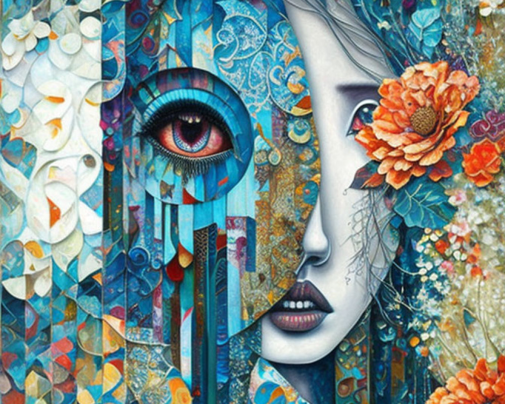 Colorful mosaic-style artwork of a woman's face with vibrant floral elements