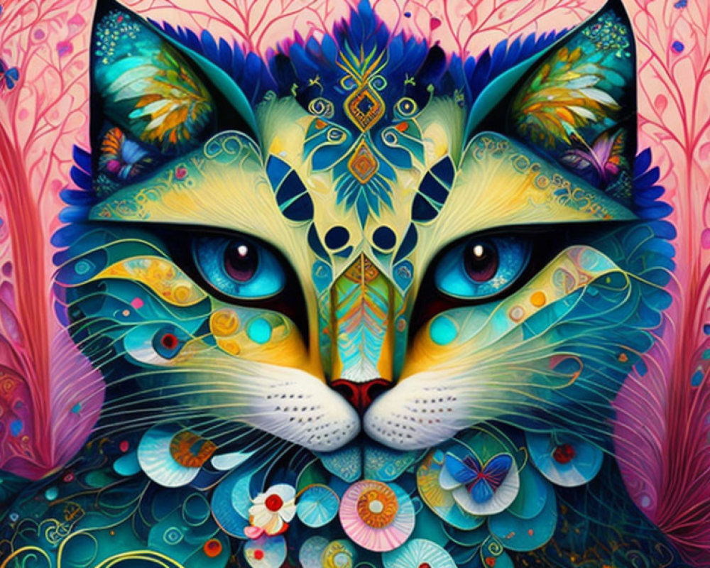 Vibrant Cat Artwork in Whimsical Forest Setting