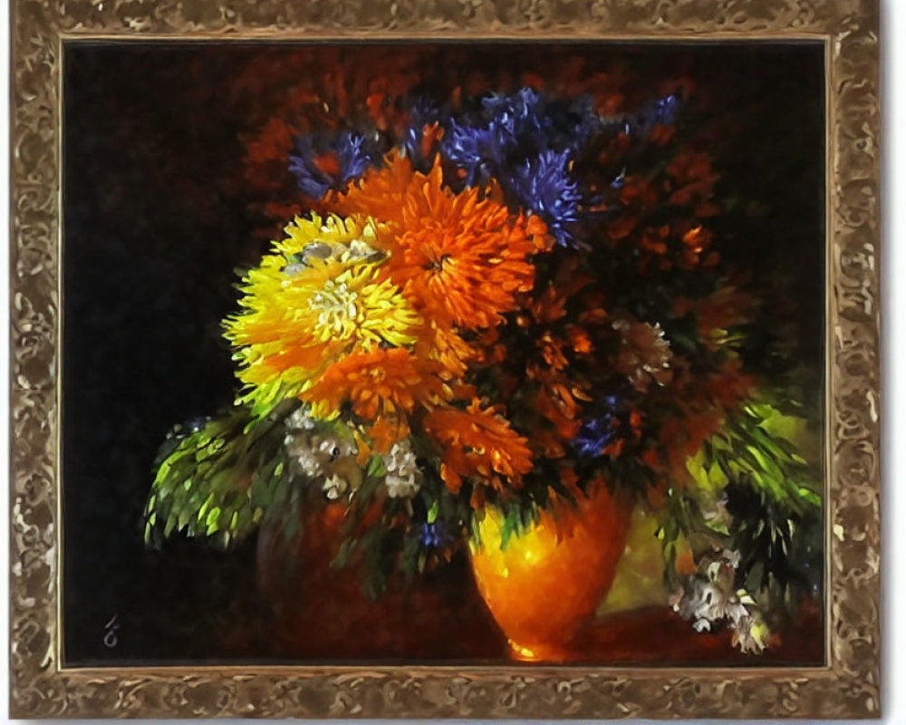 Vibrant bouquet of flowers in orange vase against dark background