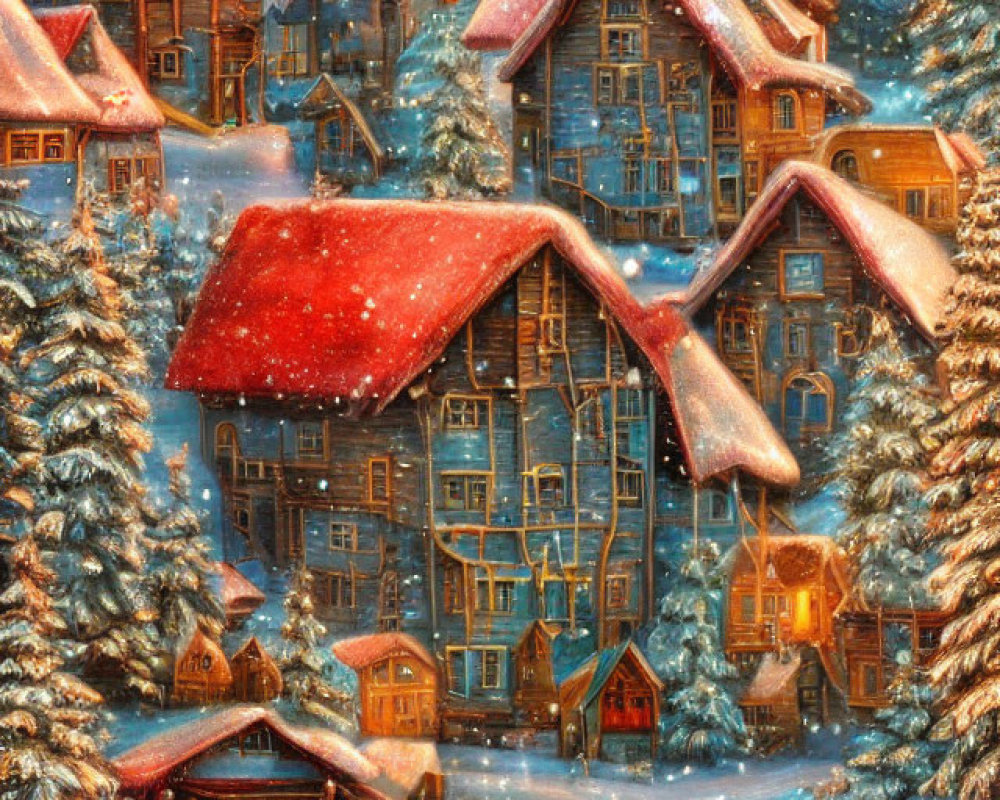 Snow-covered cottages and pine trees in a cozy winter village scene