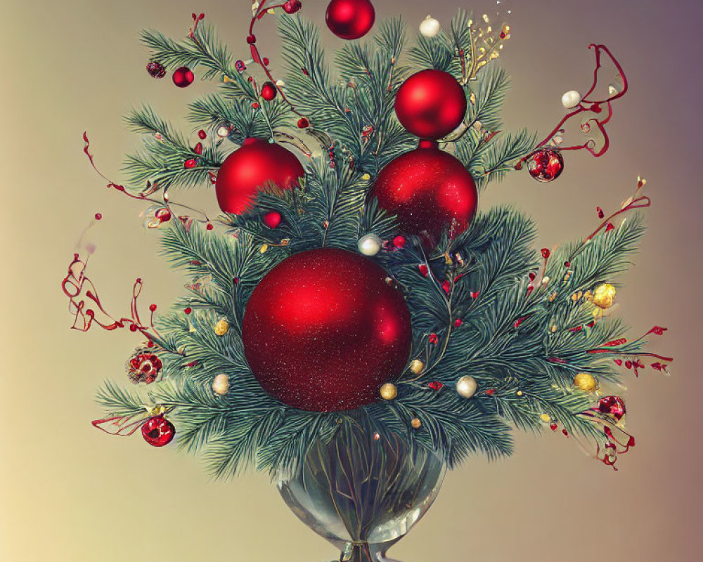 Red baubles, pine branches, and golden accents in glass vase on warm backdrop