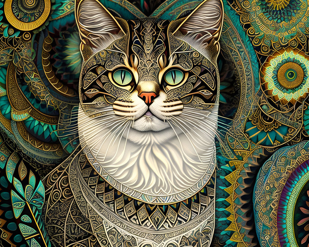 Colorful cat illustration with intricate patterns on vibrant backdrop