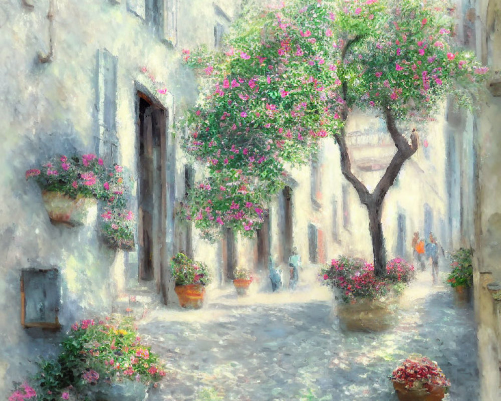 Impressionistic painting of cobblestone street with pink flowers